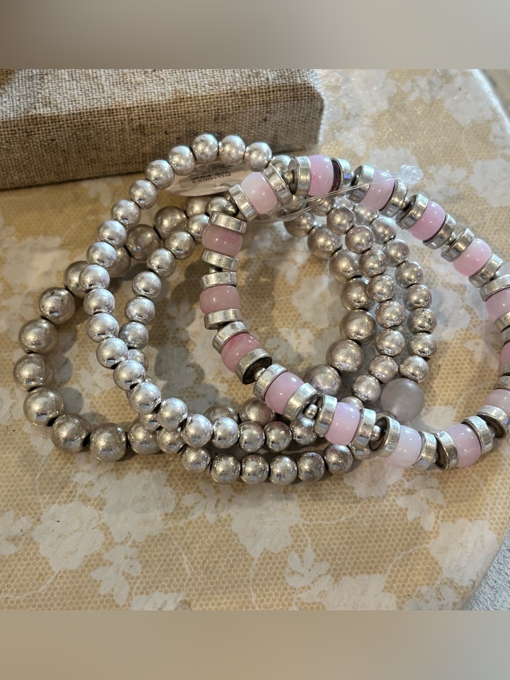 Silver Pearl Beaded Stretch Bracelet Stack - Lot of 4 stacks Women Jewelry - Picture 3 of 3